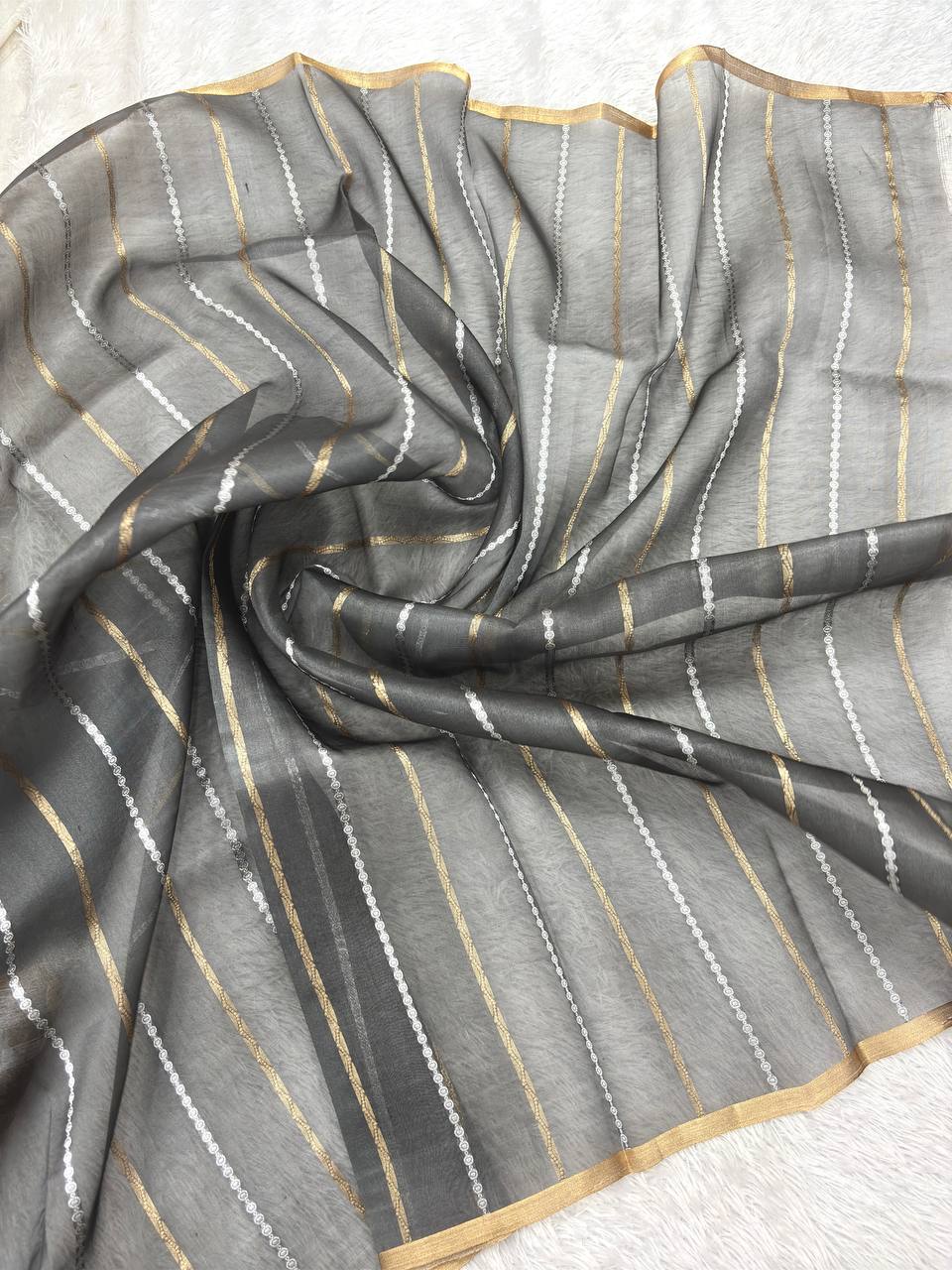 Pastel Thunder Cloud Multi-Color Rungkat Khaddi Georgette Kora Silk Saree | Sona Rupa Kadhua Medallion Booti & Contrast Charcoal Grey Pallu
