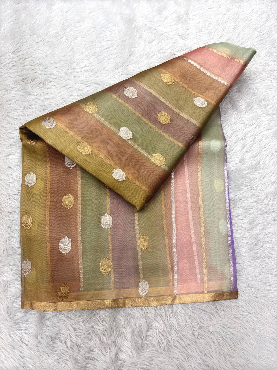 Vintage Pastel Rainbow Rungkat Khaddi Georgette Kora Silk Saree | Sona Rupa Kadhua Gilaas Booti & Contrast Antique Bronze Pallu