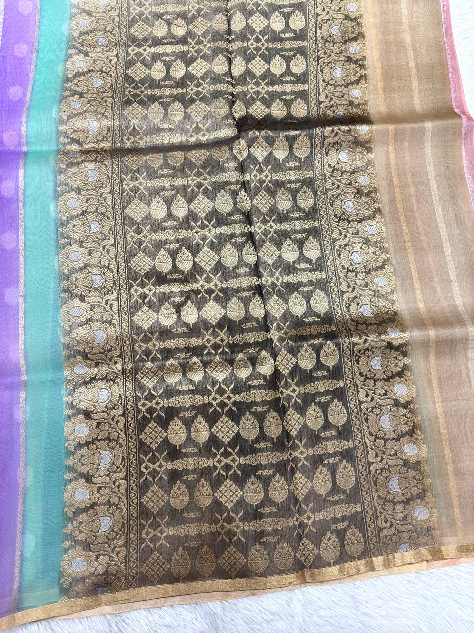 Vintage Pastel Rainbow Rungkat Khaddi Georgette Kora Silk Saree | Sona Rupa Kadhua Gilaas Booti & Contrast Antique Bronze Pallu