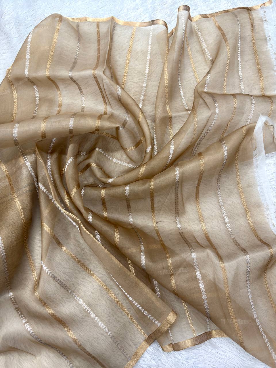Vintage Pastel Rainbow Rungkat Khaddi Georgette Kora Silk Saree | Sona Rupa Kadhua Gilaas Booti & Contrast Antique Bronze Pallu