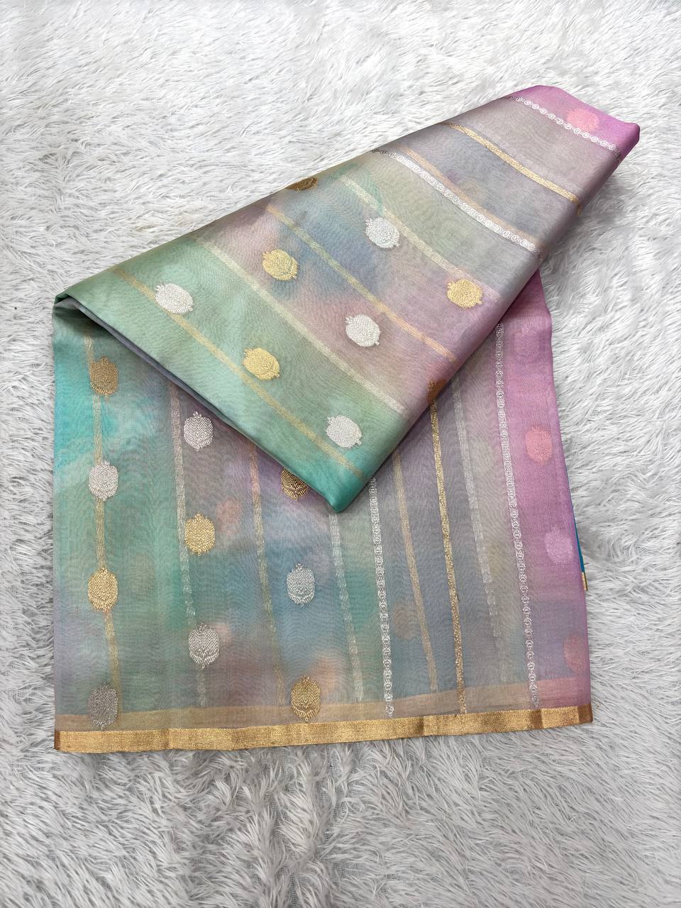 Pastel Rainbow Multi-Color Rungkat Khaddi Georgette Kora Silk Saree | Sona Rupa Kadhua Booti with Gold Striation & Contrast Peacock Blue Pallu