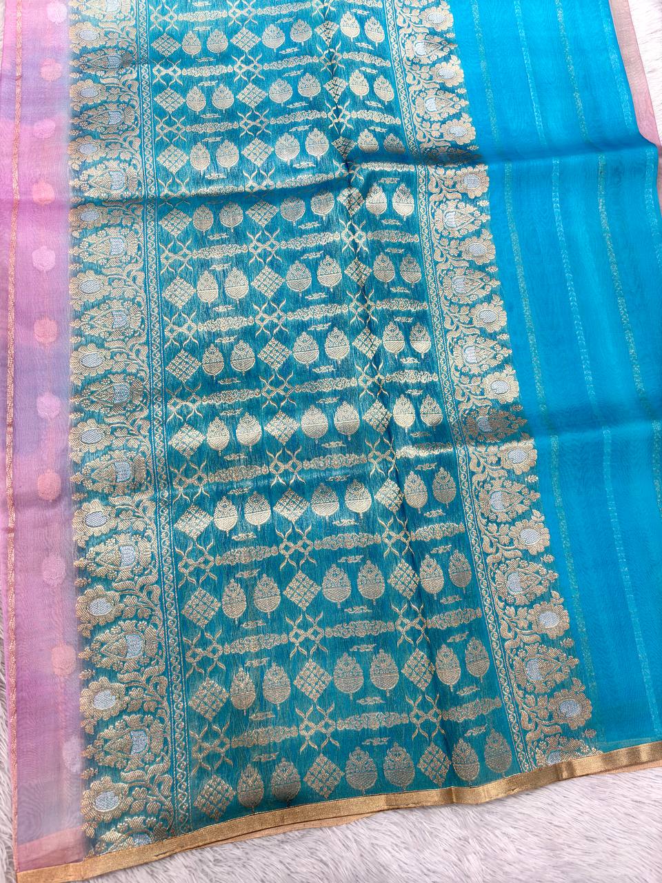 Pastel Rainbow Multi-Color Rungkat Khaddi Georgette Kora Silk Saree | Sona Rupa Kadhua Booti with Gold Striation & Contrast Peacock Blue Pallu