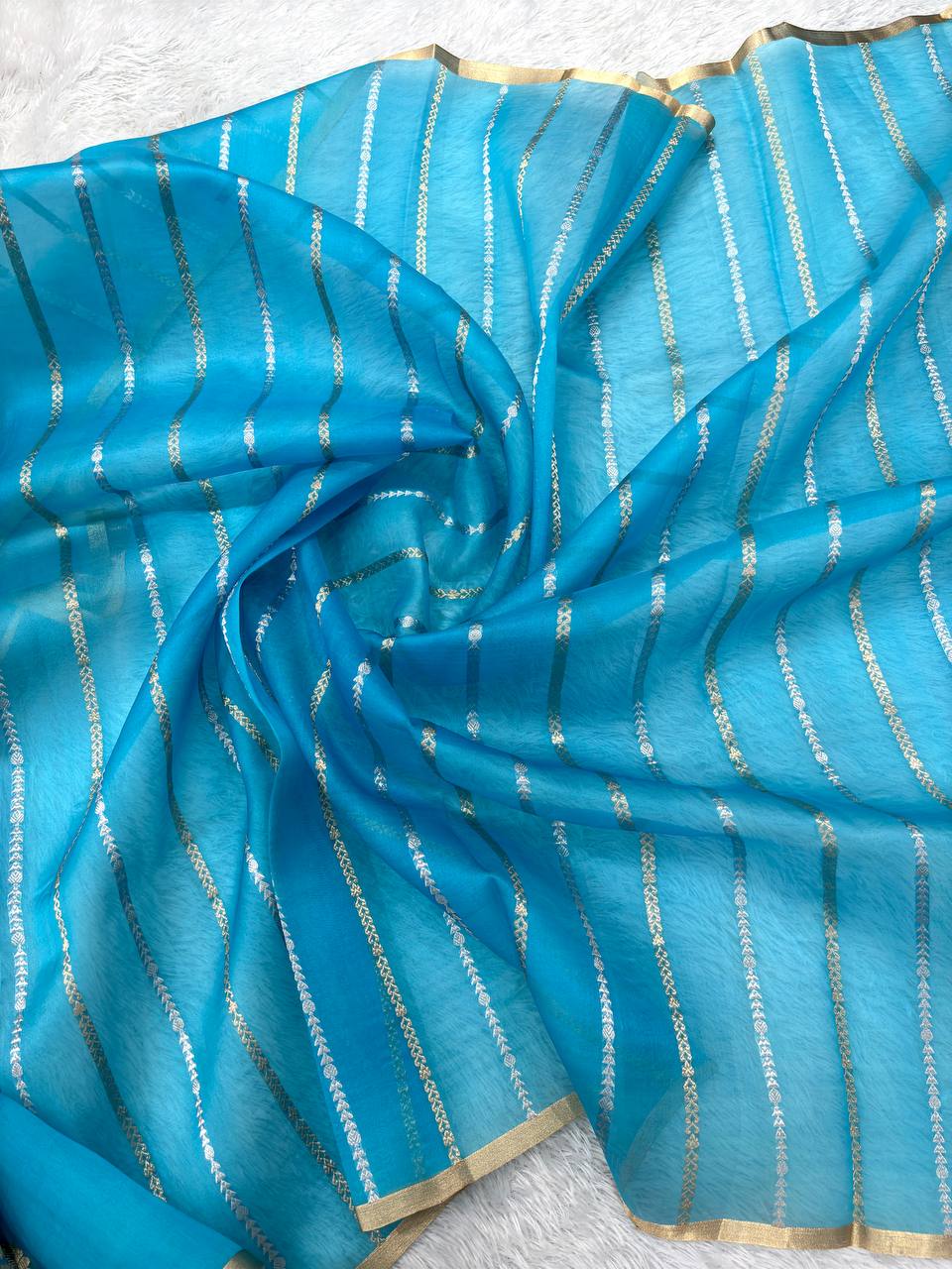 Pastel Rainbow Multi-Color Rungkat Khaddi Georgette Kora Silk Saree | Sona Rupa Kadhua Booti with Gold Striation & Contrast Peacock Blue Pallu