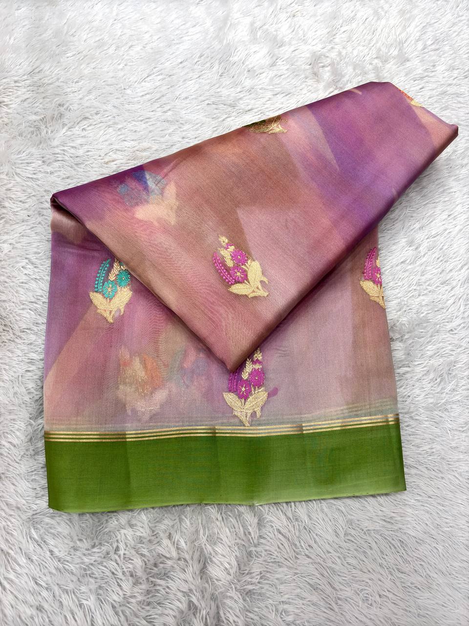 Pastel Twilight Multi-Color Rungkat Khaddi Georgette Kora Silk Saree | Antique Gold Kadhua Booti with Vibrant Meenakari & Contrast Olive Green Border