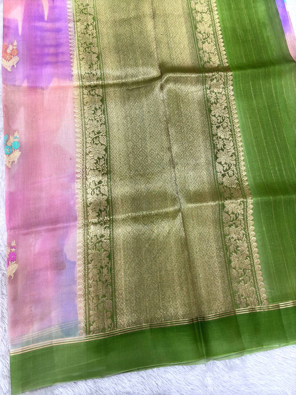 Pastel Twilight Multi-Color Rungkat Khaddi Georgette Kora Silk Saree | Antique Gold Kadhua Booti with Vibrant Meenakari & Contrast Olive Green Border