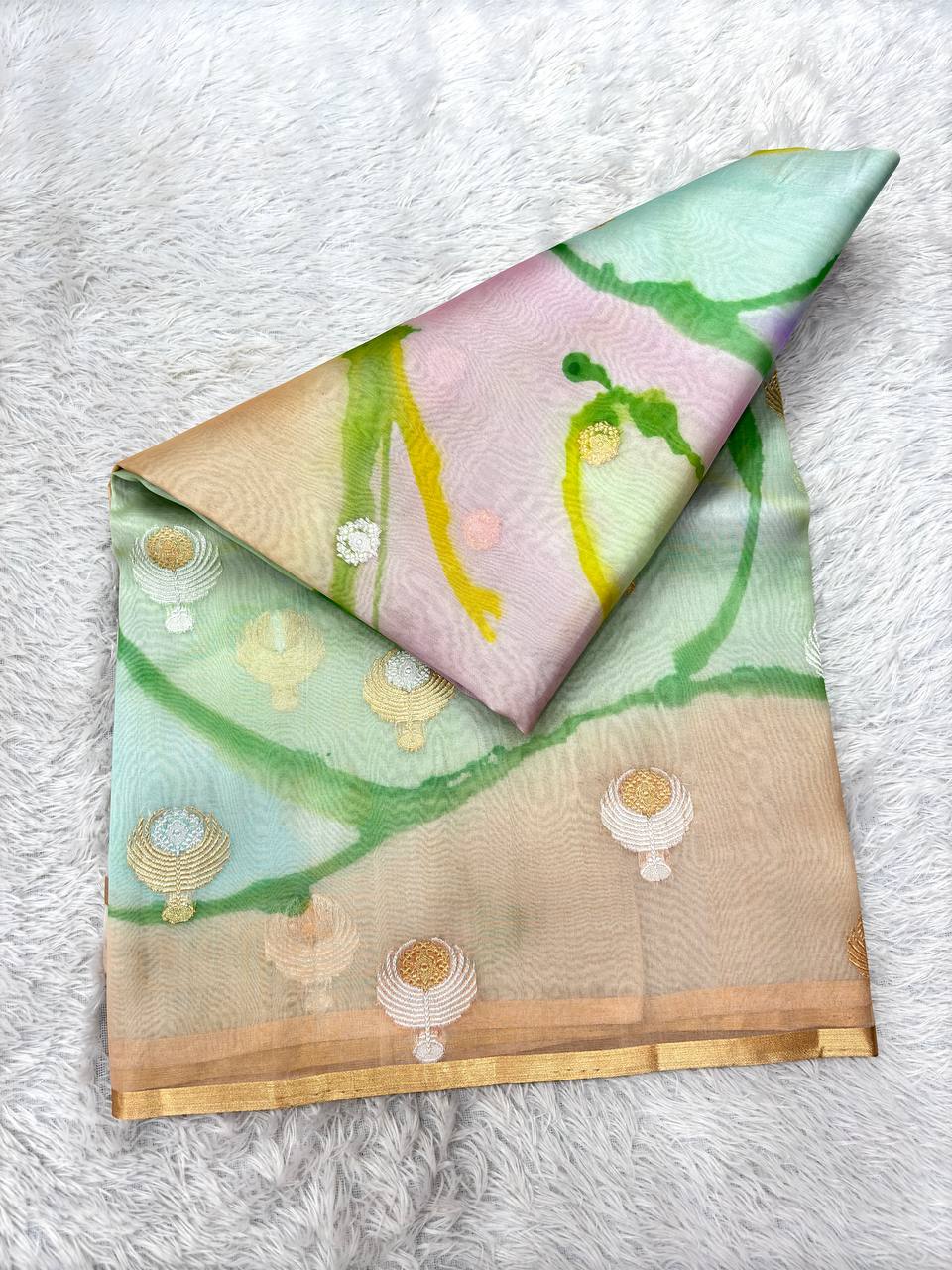 Pastel Meadow Multi-Color Rungkat Khaddi Georgette Kora Silk Saree | Sona Rupa Kadhua Medallion Booti & Contrast Parrot Green Pallu