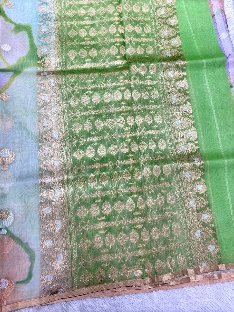 Pastel Meadow Multi-Color Rungkat Khaddi Georgette Kora Silk Saree | Sona Rupa Kadhua Medallion Booti & Contrast Parrot Green Pallu
