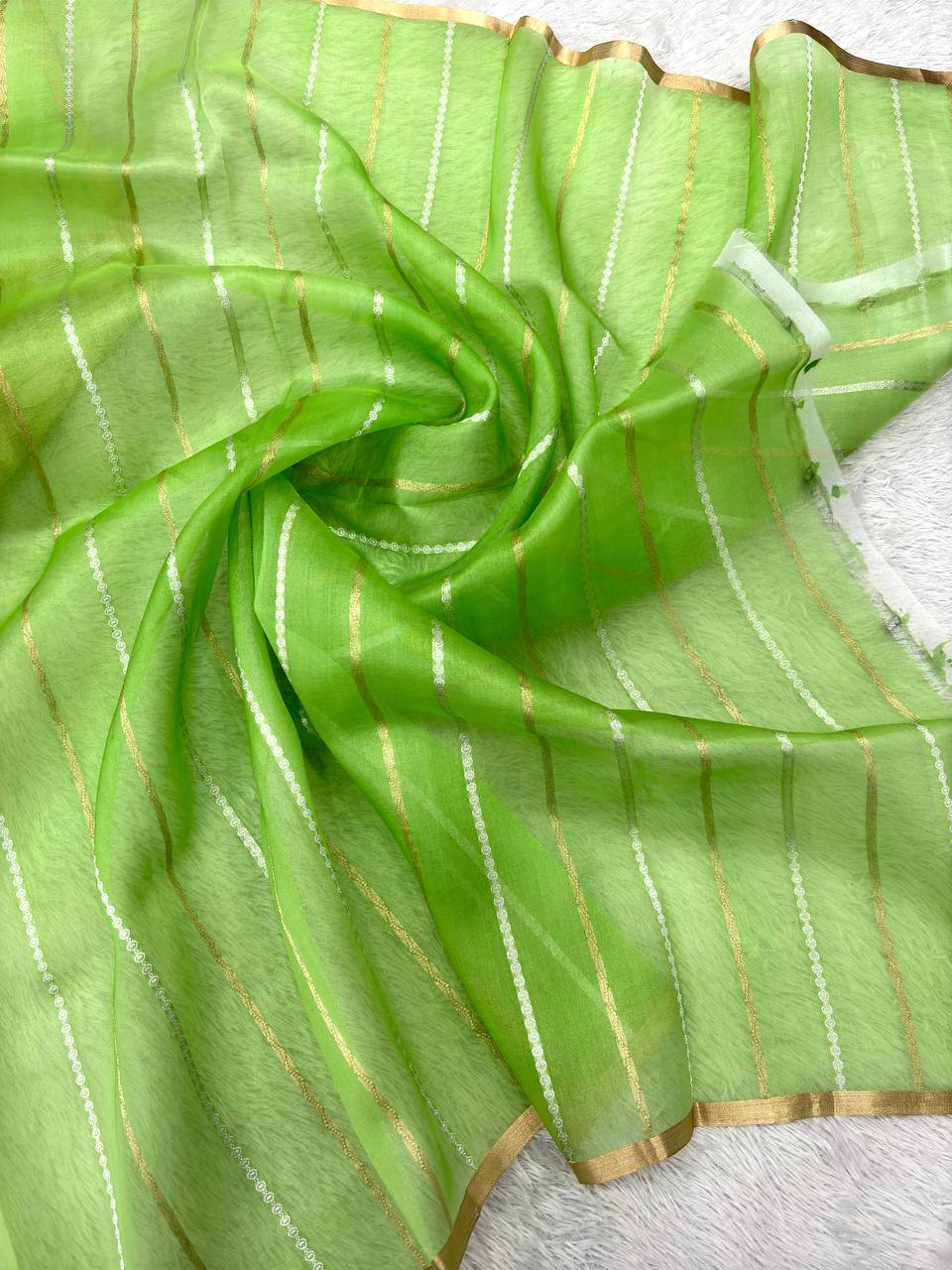Pastel Meadow Multi-Color Rungkat Khaddi Georgette Kora Silk Saree | Sona Rupa Kadhua Medallion Booti & Contrast Parrot Green Pallu