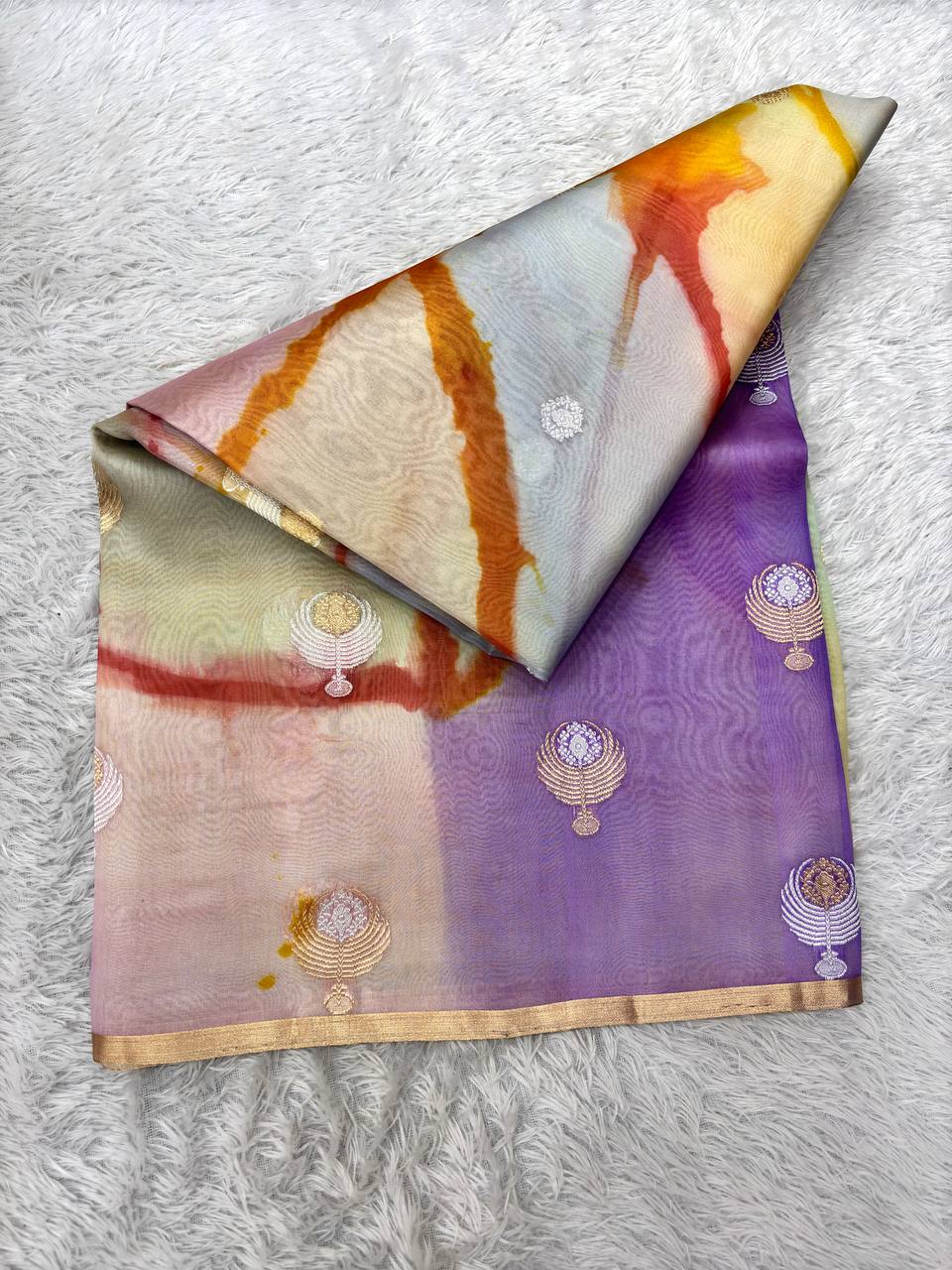 Pastel Abstract Rungkat Khaddi Georgette Kora Silk Saree | Sona Rupa Kadhua Medallion Booti & Contrast Marigold Yellow Pallu