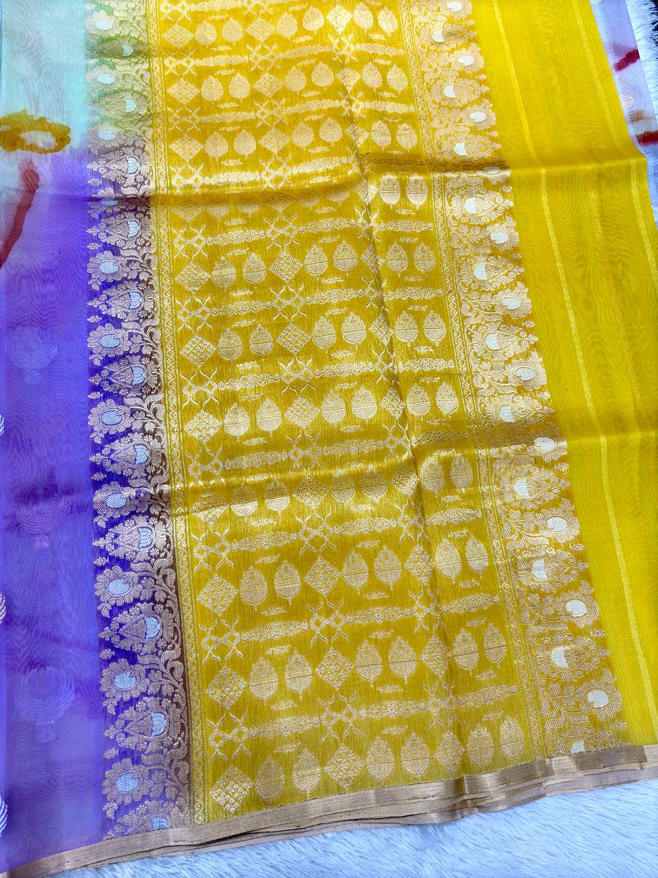 Pastel Abstract Rungkat Khaddi Georgette Kora Silk Saree | Sona Rupa Kadhua Medallion Booti & Contrast Marigold Yellow Pallu