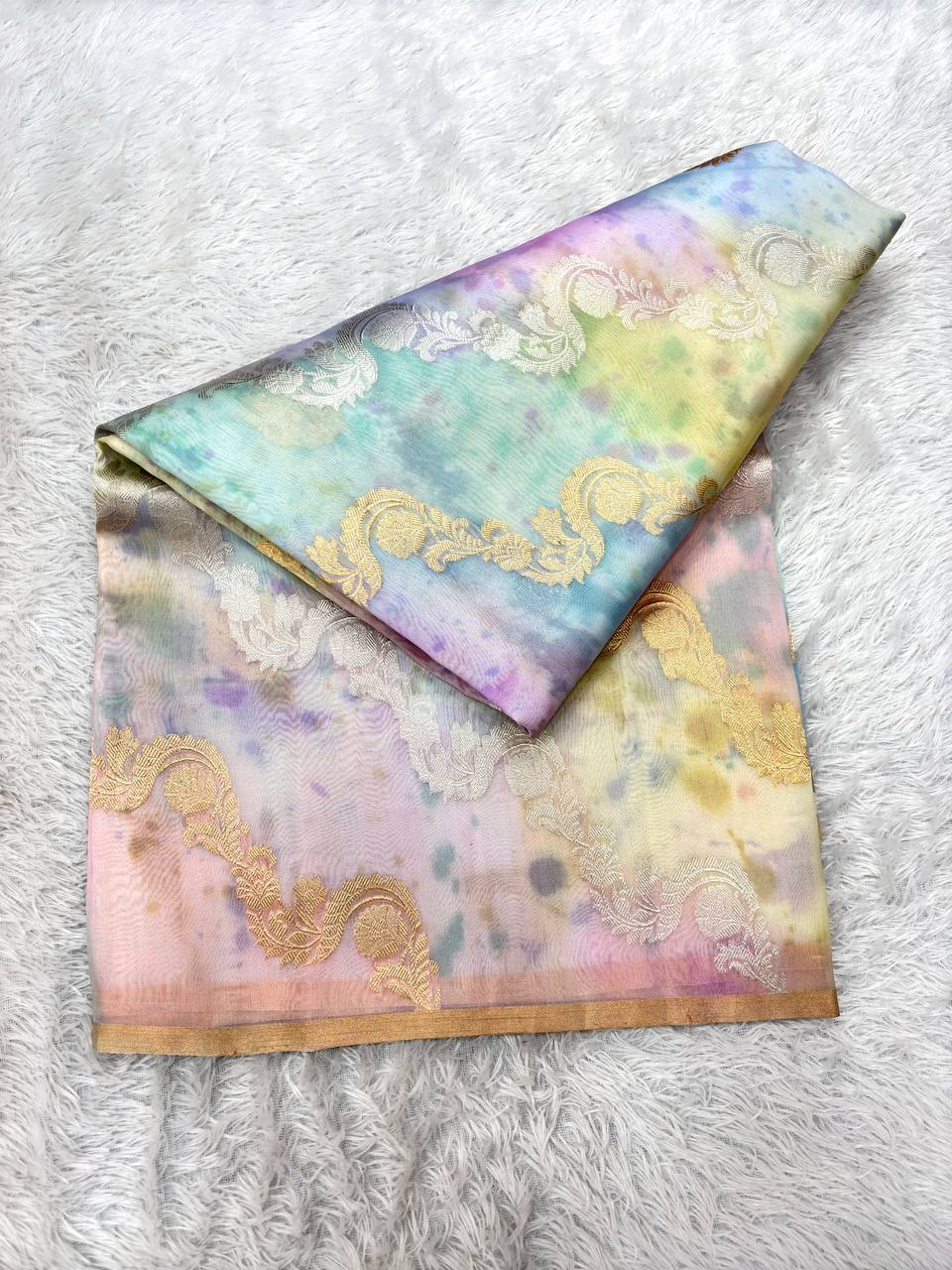 Pastel Nebula Multi-Color Rungkat Khaddi Georgette Kora Silk Saree | Sona Rupa Kadhua Leheriya Wave & Contrast Cerulean Blue Border