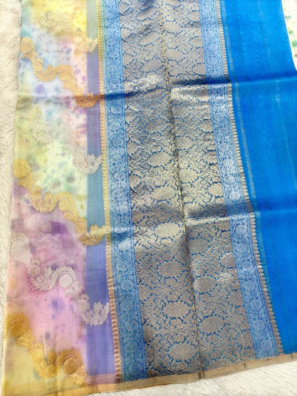 Pastel Nebula Multi-Color Rungkat Khaddi Georgette Kora Silk Saree | Sona Rupa Kadhua Leheriya Wave & Contrast Cerulean Blue Border