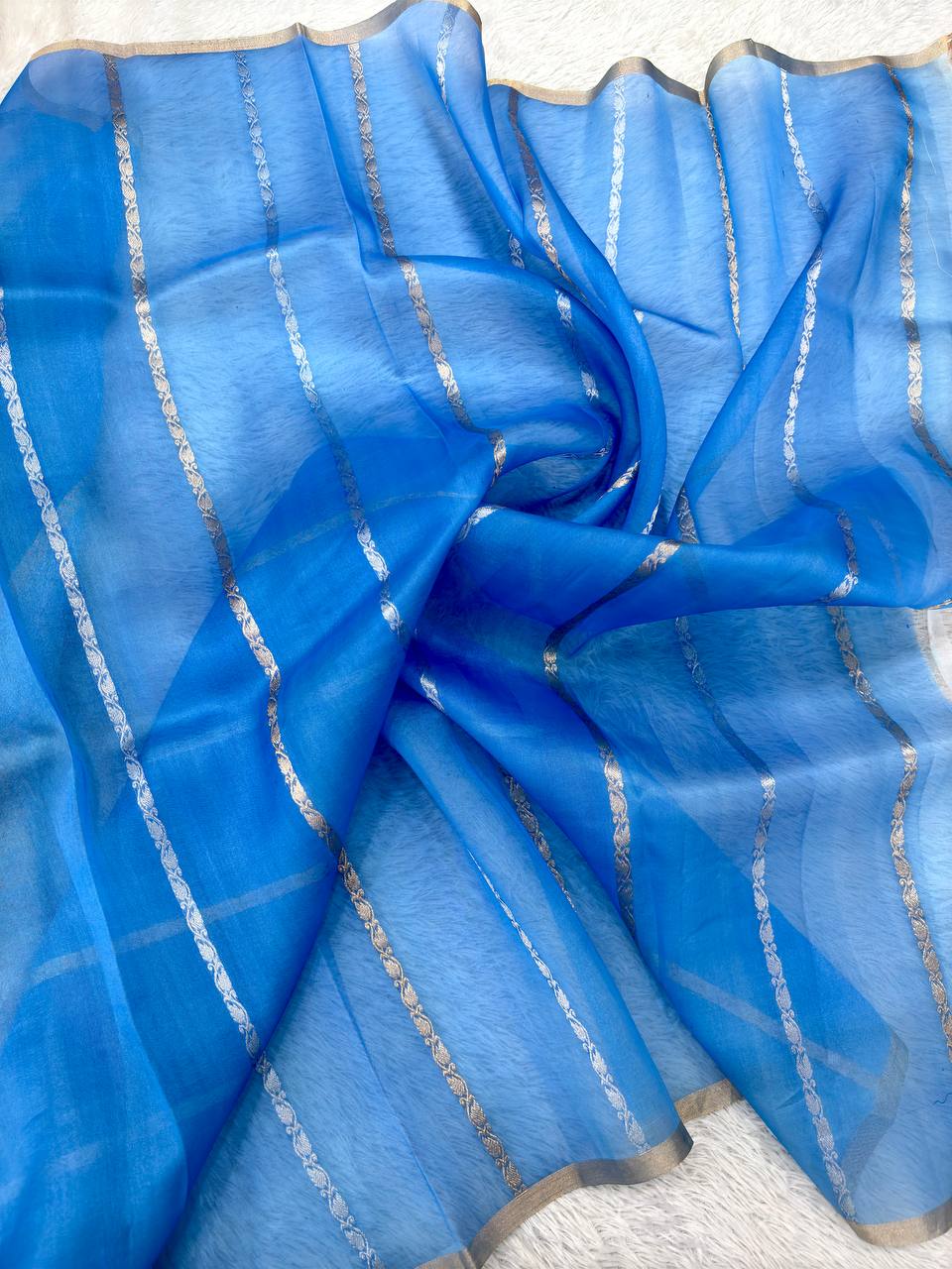 Pastel Nebula Multi-Color Rungkat Khaddi Georgette Kora Silk Saree | Sona Rupa Kadhua Leheriya Wave & Contrast Cerulean Blue Border