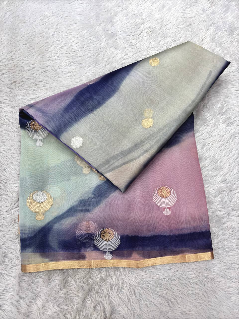Pastel Cloud Multi-Color Rungkat Khaddi Georgette Kora Silk Saree | Sona Rupa Kadhua Medallion Booti & Contrast Midnight Indigo Pallu