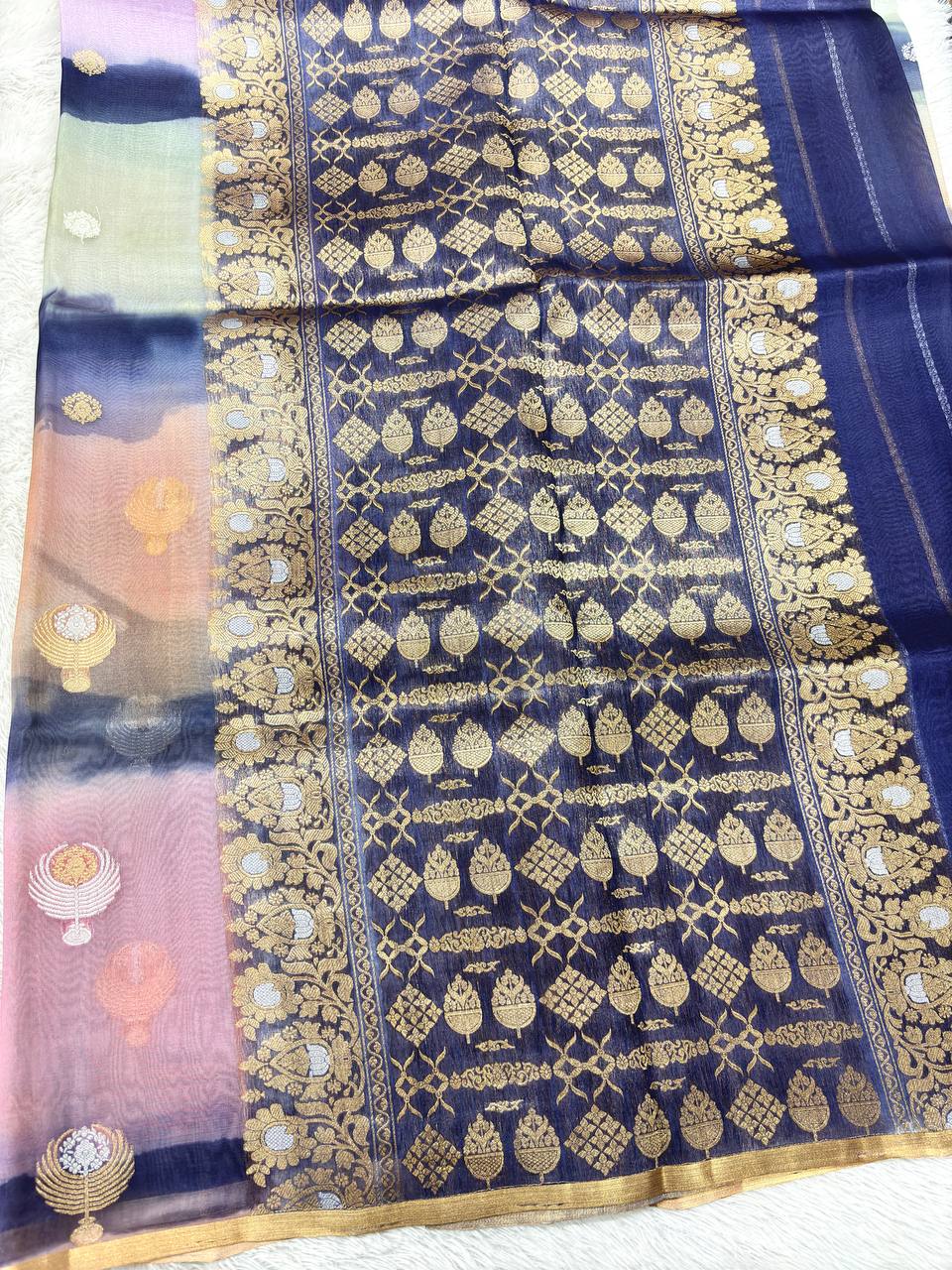 Pastel Cloud Multi-Color Rungkat Khaddi Georgette Kora Silk Saree | Sona Rupa Kadhua Medallion Booti & Contrast Midnight Indigo Pallu