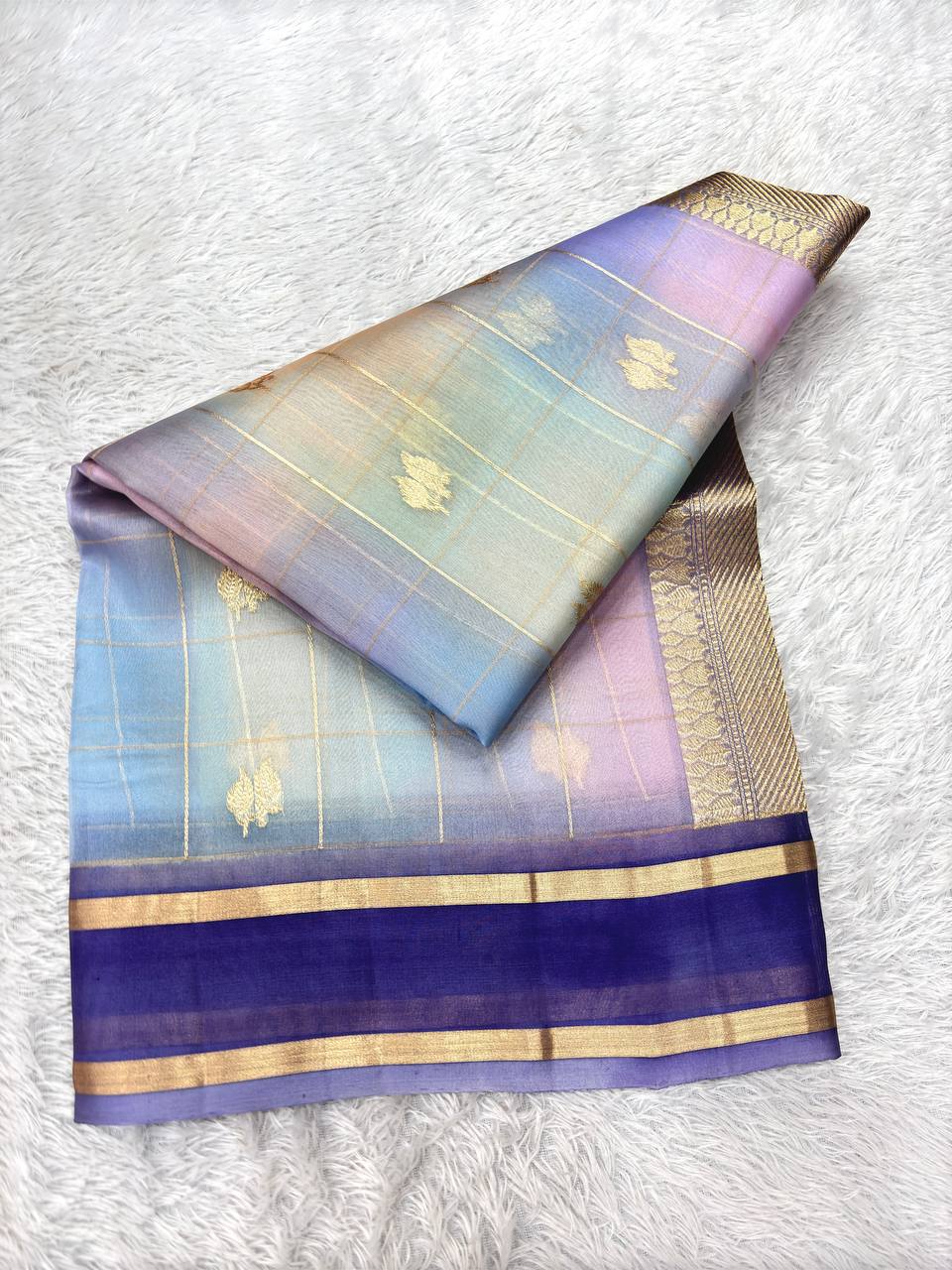 Pastel Multi-Color Rungkat Khaddi Georgette Kora Silk Saree | Antique Gold Zari Checks & Kadhua Booti with Contrast Indigo Violet Border