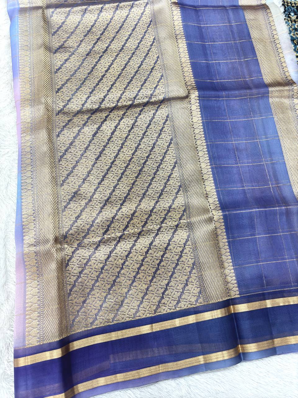 Pastel Multi-Color Rungkat Khaddi Georgette Kora Silk Saree | Antique Gold Zari Checks & Kadhua Booti with Contrast Indigo Violet Border