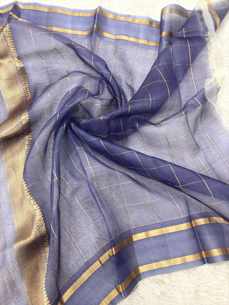Pastel Multi-Color Rungkat Khaddi Georgette Kora Silk Saree | Antique Gold Zari Checks & Kadhua Booti with Contrast Indigo Violet Border