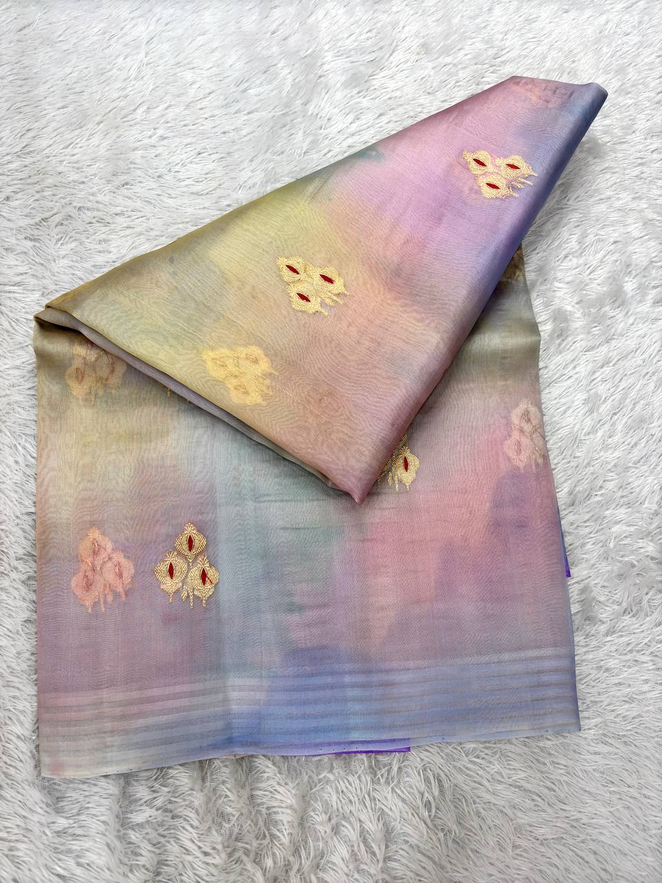 Pastel Multi-Color Rungkat Khaddi Georgette Kora Silk Saree | Antique Gold Kadhua Booti with Crimson Meenakari & Contrast Iris Violet Pallu