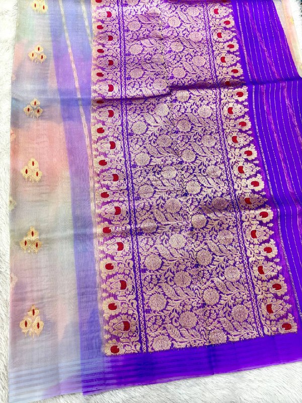 Pastel Multi-Color Rungkat Khaddi Georgette Kora Silk Saree | Antique Gold Kadhua Booti with Crimson Meenakari & Contrast Iris Violet Pallu