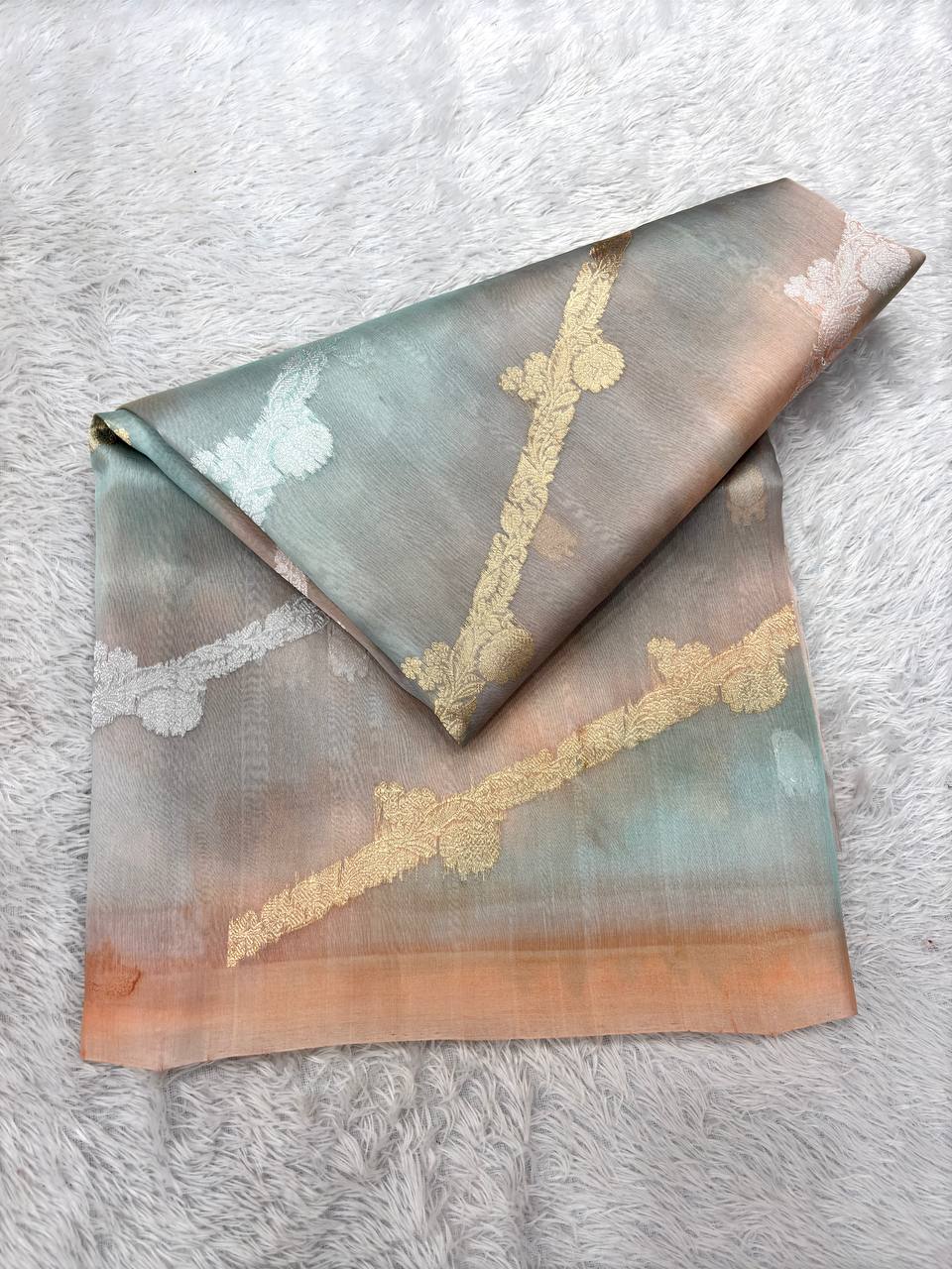 Pastel Multi-Color Rungkat Khaddi Georgette Kora Silk Saree | Sona Rupa Kadhua Floral Vine Ladi & Contrast Apricot Pallu