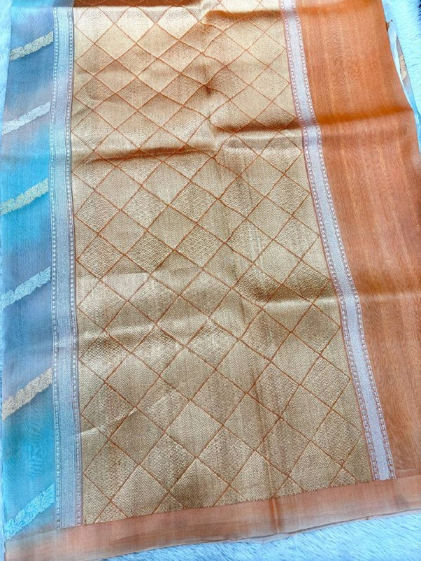 Pastel Multi-Color Rungkat Khaddi Georgette Kora Silk Saree | Sona Rupa Kadhua Floral Vine Ladi & Contrast Apricot Pallu