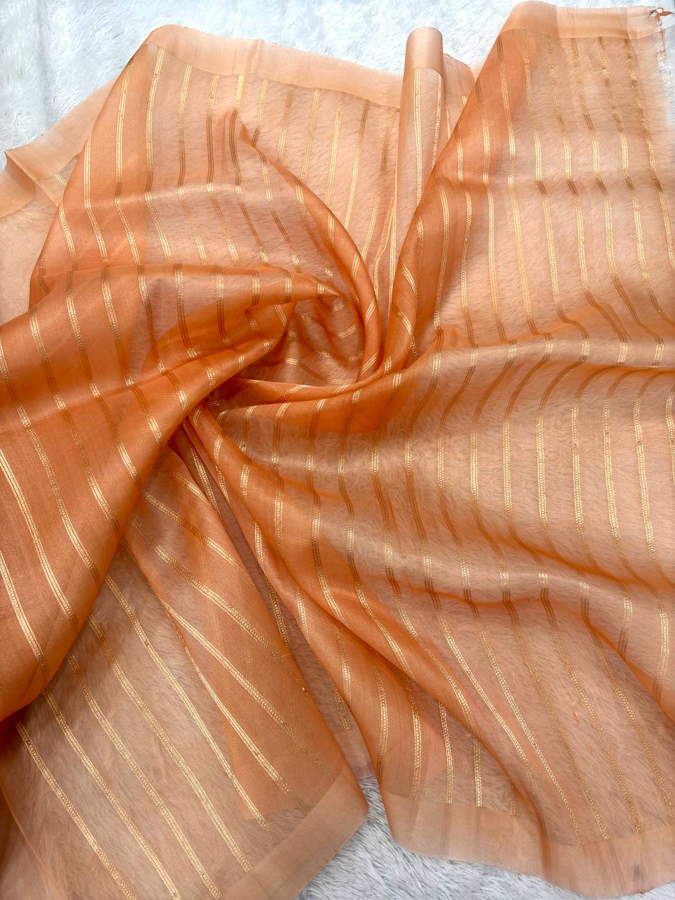 Pastel Multi-Color Rungkat Khaddi Georgette Kora Silk Saree | Sona Rupa Kadhua Floral Vine Ladi & Contrast Apricot Pallu