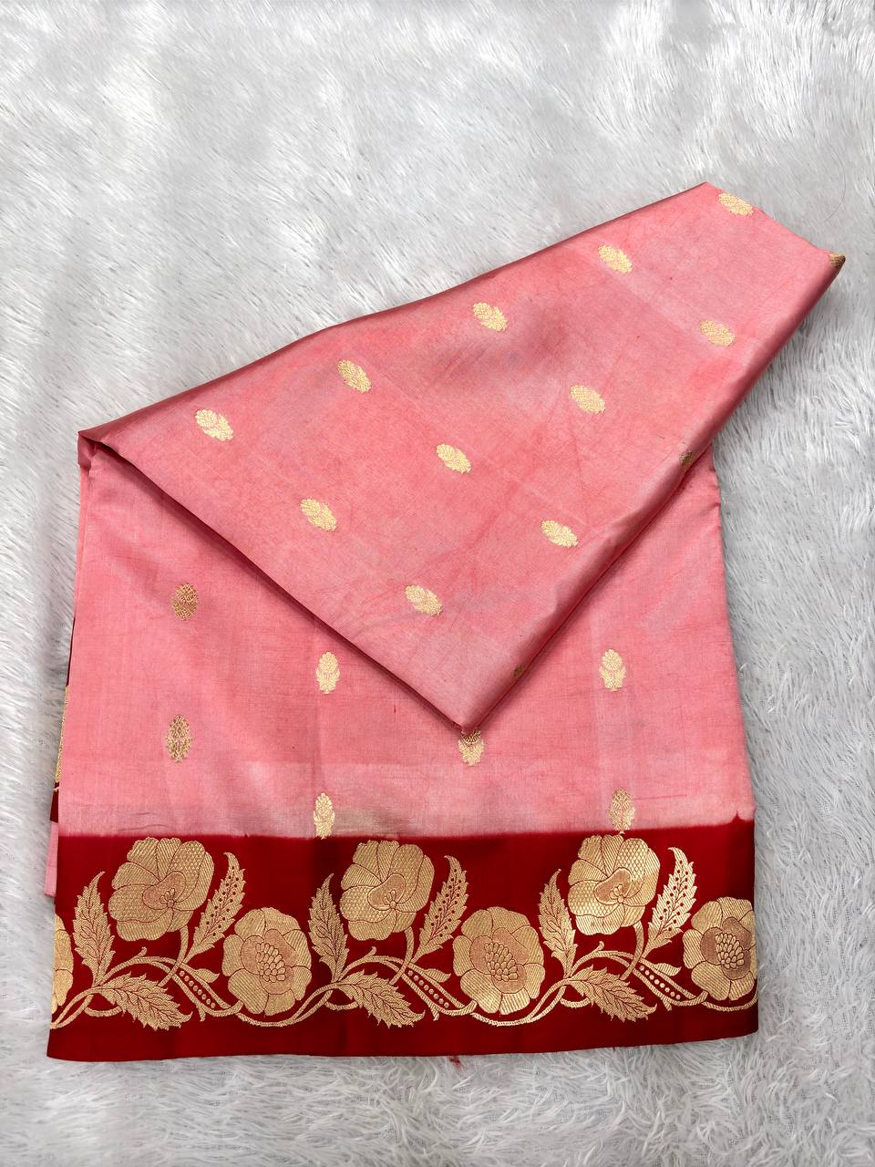 Blush Peach Pink Lightweight Katan Silk Saree | Antique Gold Kadhua Guldasta Booti & Contrast Crimson Red Poetic Floral Border