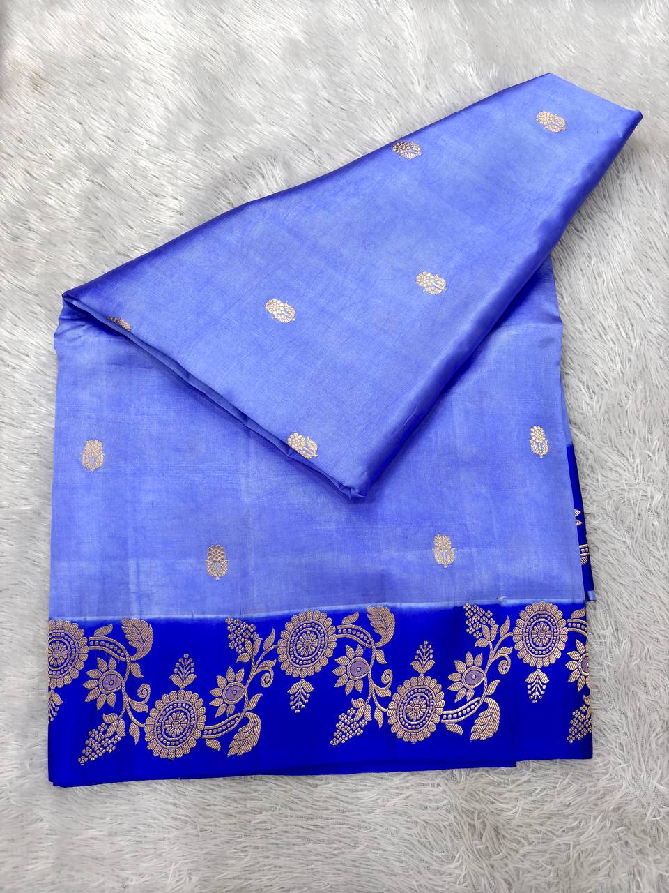 Serene Periwinkle Blue Lightweight Katan Silk Saree | Antique Gold Kadhua Guldasta Booti & Contrast Royal Cobalt Blue Poetic Floral Border