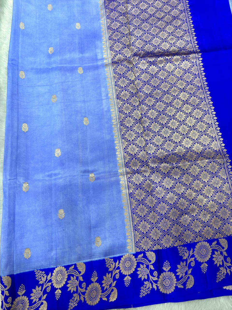 Serene Periwinkle Blue Lightweight Katan Silk Saree | Antique Gold Kadhua Guldasta Booti & Contrast Royal Cobalt Blue Poetic Floral Border