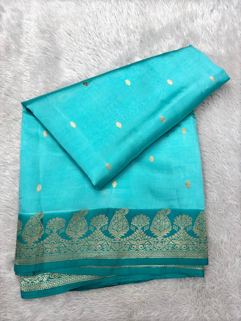 Vibrant Seafoam Aquamarine Lightweight Katan Silk Saree | Antique Gold Kadhua Chowkdi Micro Booti & Contrast Teal Green Heritage Paisley Border