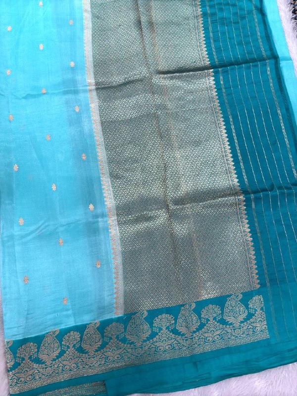 Vibrant Seafoam Aquamarine Lightweight Katan Silk Saree | Antique Gold Kadhua Chowkdi Micro Booti & Contrast Teal Green Heritage Paisley Border
