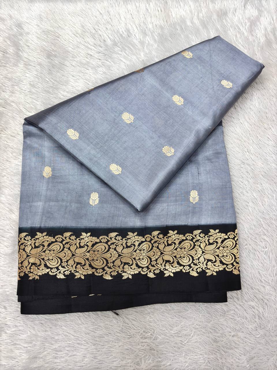 Classic Steel Grey Lightweight Katan Silk Saree | Antique Gold Kadhua Guldasta Booti & Contrast Jet Black Heritage Paisley Border
