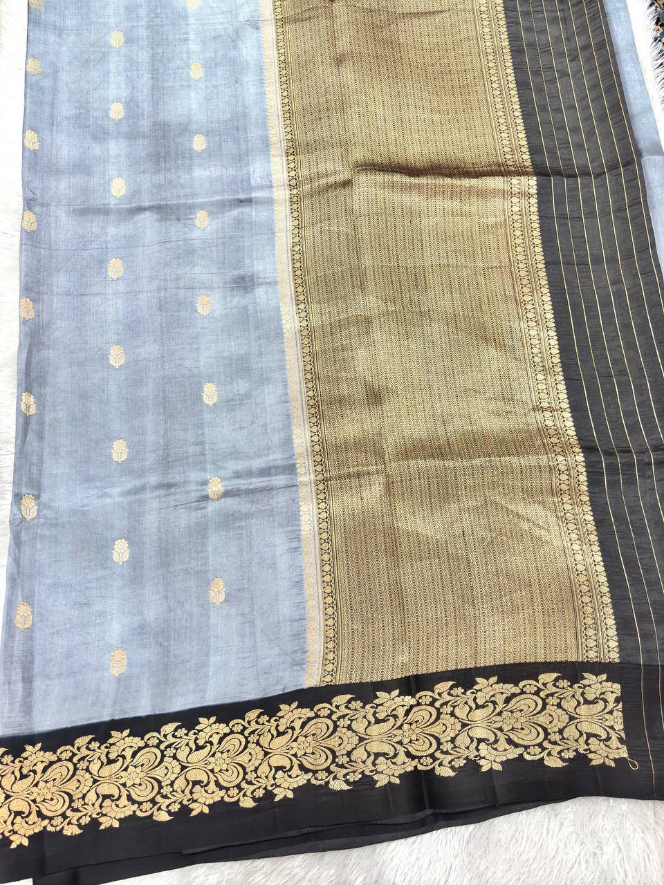 Classic Steel Grey Lightweight Katan Silk Saree | Antique Gold Kadhua Guldasta Booti & Contrast Jet Black Heritage Paisley Border