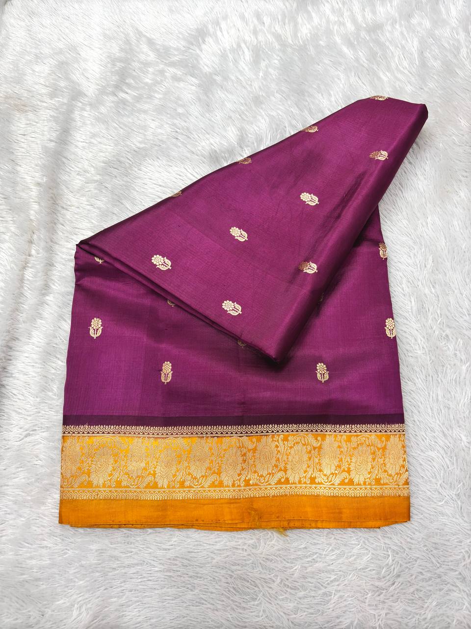 Deep Wine Plum Lightweight Katan Silk Saree | Antique Gold Kadhua Guldasta Booti & Contrast Marigold Mustard Border