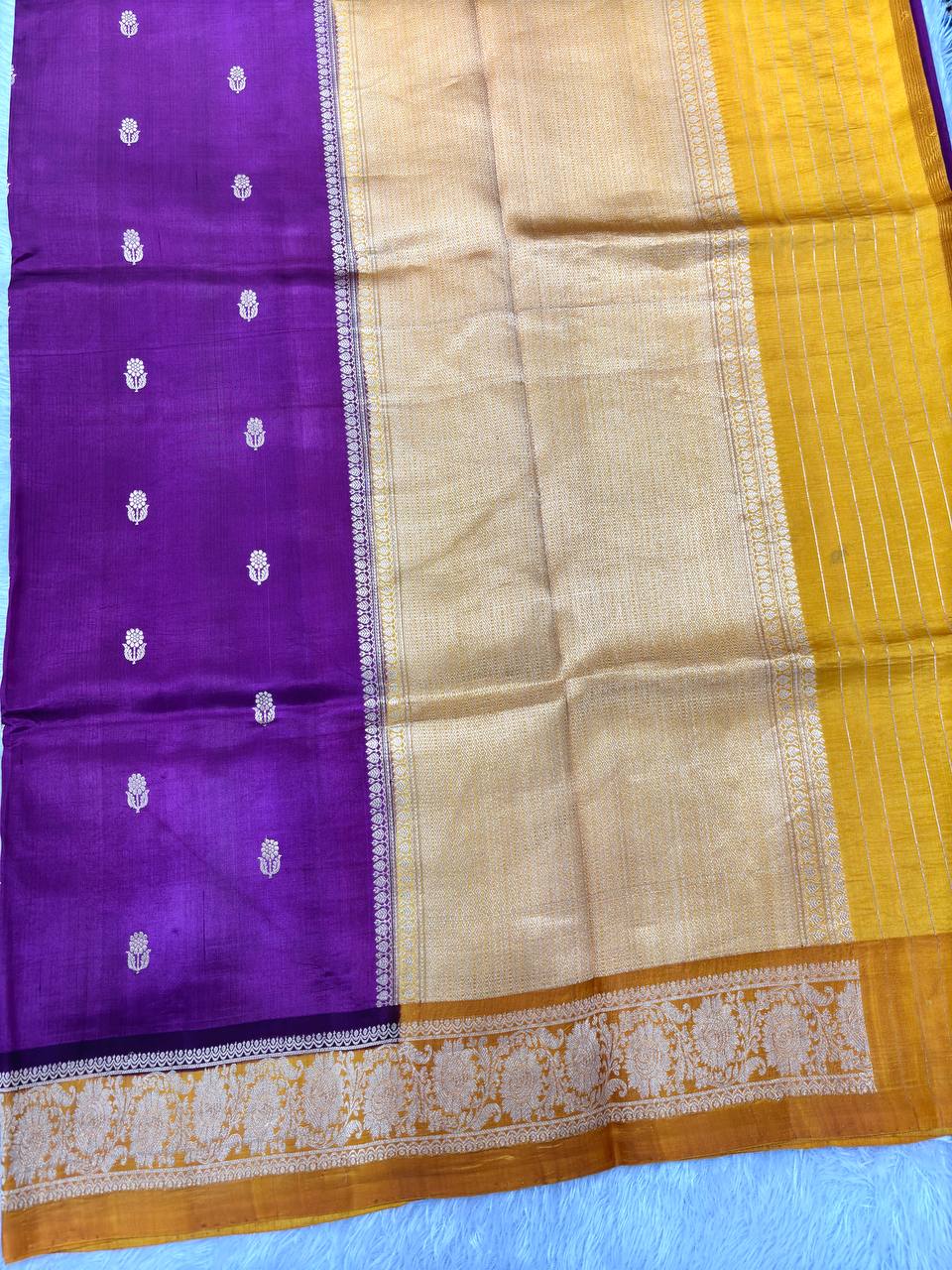 Deep Wine Plum Lightweight Katan Silk Saree | Antique Gold Kadhua Guldasta Booti & Contrast Marigold Mustard Border