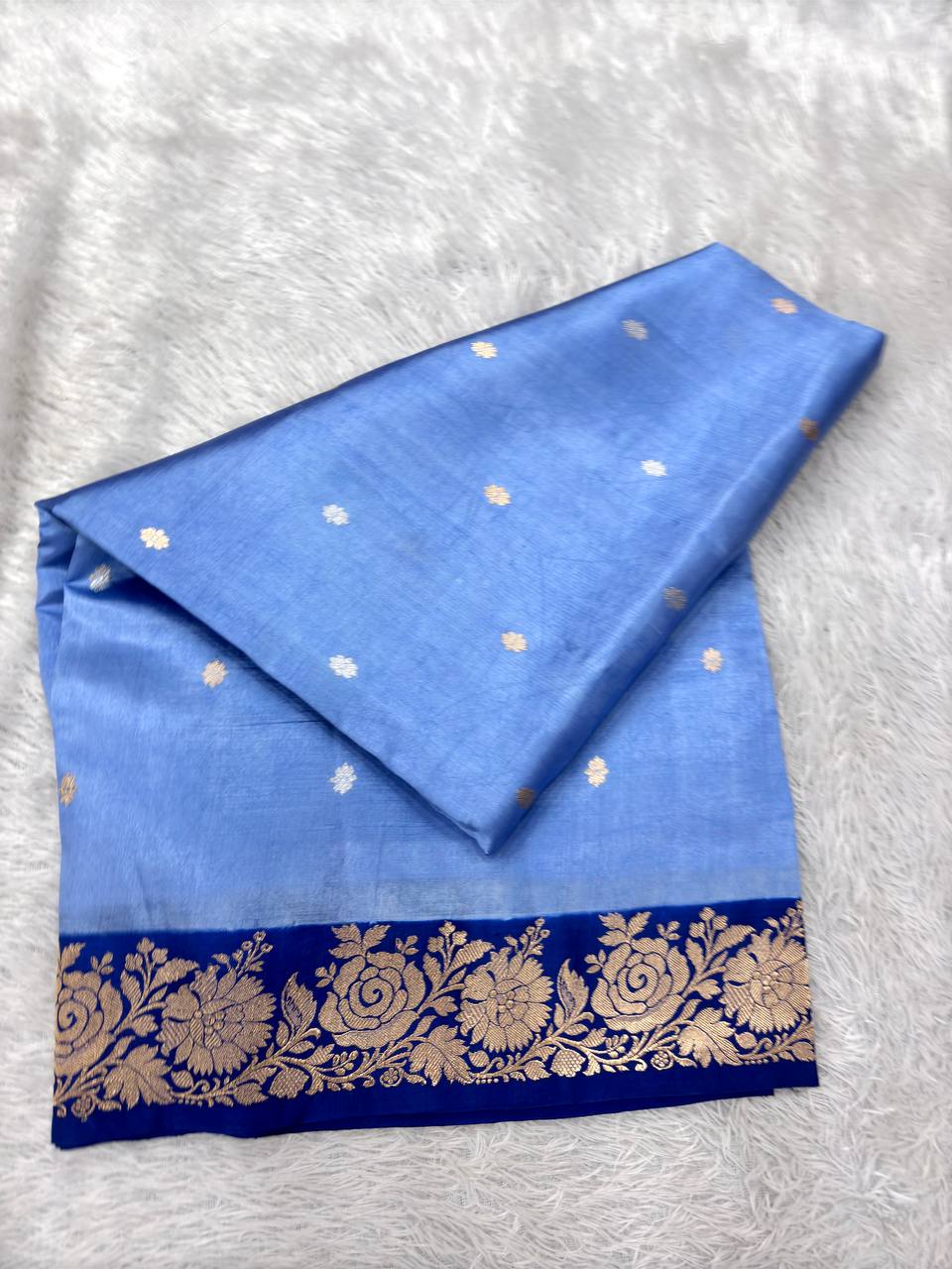 Serene Sky Blue Lightweight Katan Silk Saree | Antique Gold Kadhua Chowkdi Micro Booti & Contrast Royal Cobalt Blue Rose Garden Border