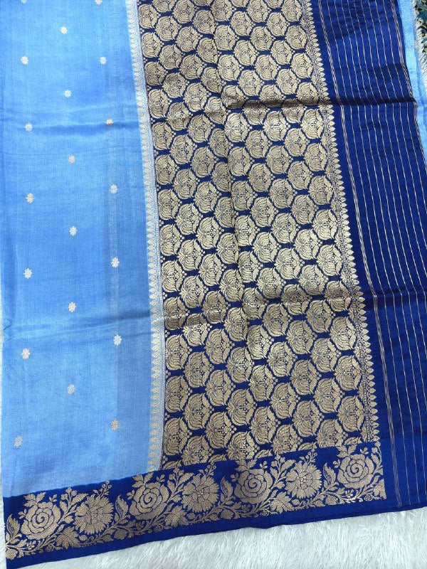 Serene Sky Blue Lightweight Katan Silk Saree | Antique Gold Kadhua Chowkdi Micro Booti & Contrast Royal Cobalt Blue Rose Garden Border