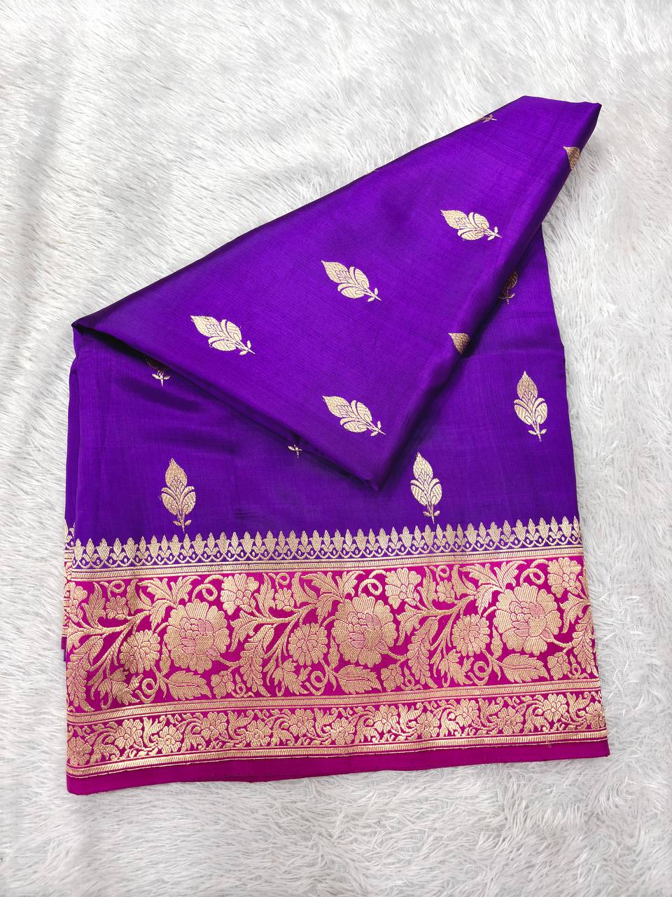 Royal Violet Purple Lightweight Katan Silk Saree | Antique Gold Kadhua Asharfi Leaf Boota & Contrast Magenta Pink Floral Tapestry Border