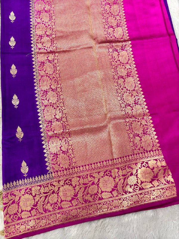 Royal Violet Purple Lightweight Katan Silk Saree | Antique Gold Kadhua Asharfi Leaf Boota & Contrast Magenta Pink Floral Tapestry Border