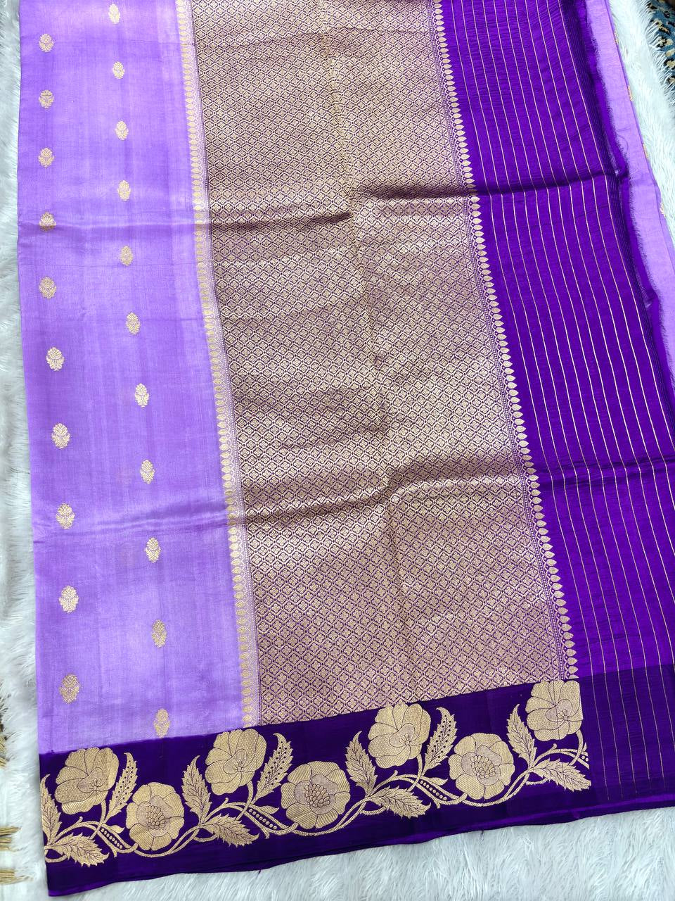 Soft Lavender Orchid Lightweight Katan Silk Saree | Antique Gold Kadhua Guldasta Booti & Contrast Royal Violet Poetic Floral Border
