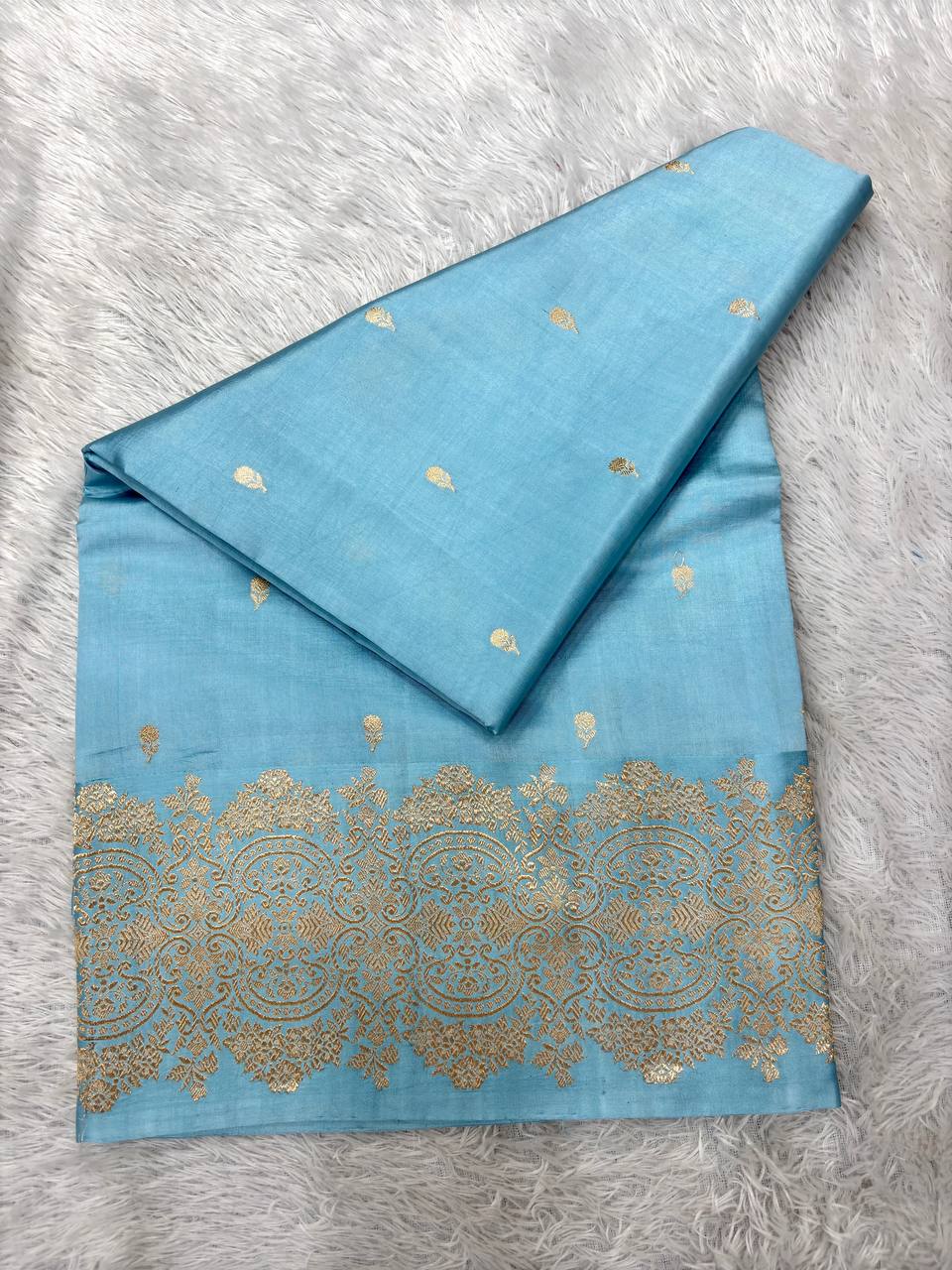 Serene Ice Blue Lightweight Katan Silk Saree | Antique Gold Kadhua Paisley Micro Booti & Grand Baroque Floral Border