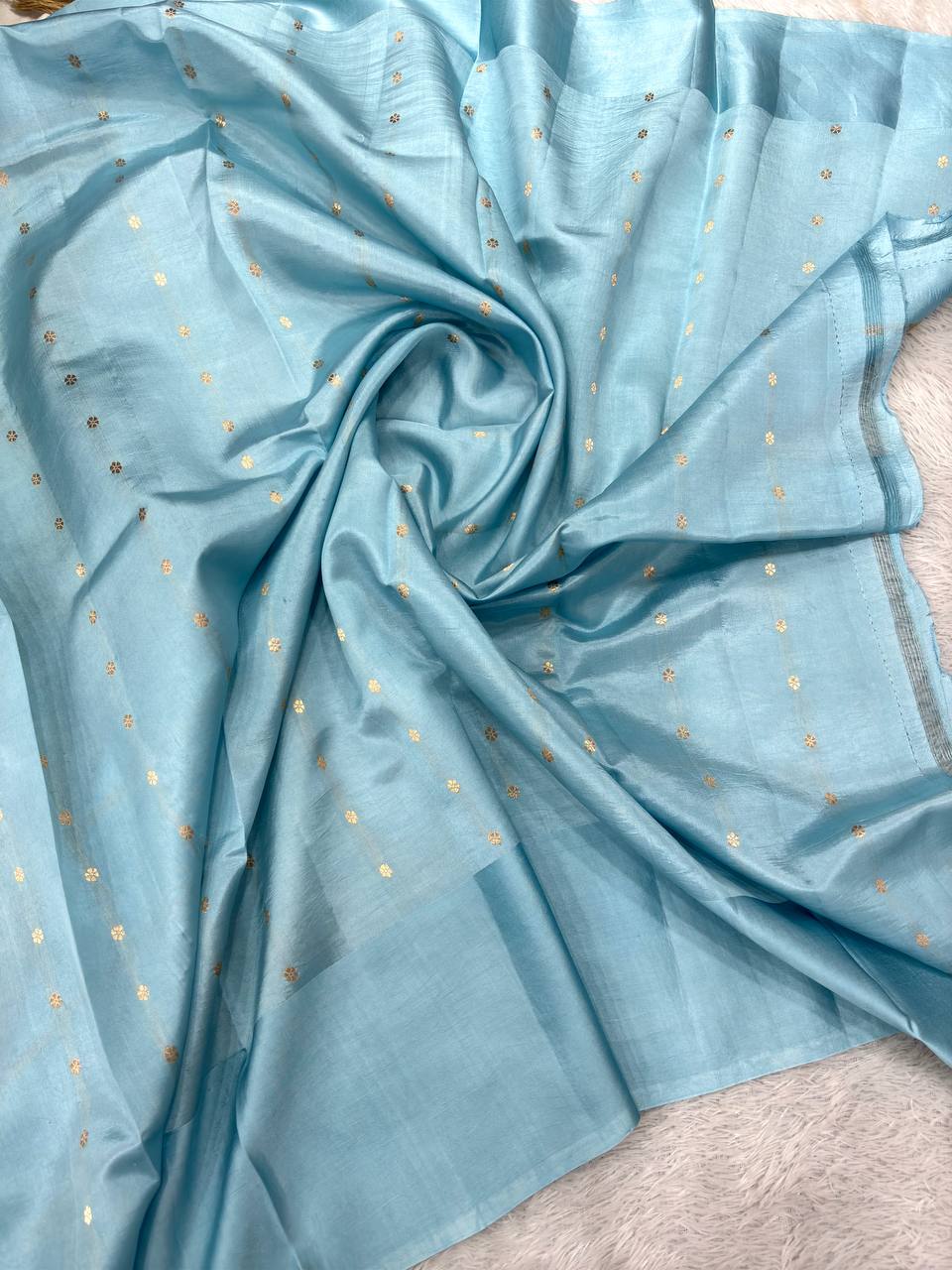 Serene Ice Blue Lightweight Katan Silk Saree | Antique Gold Kadhua Paisley Micro Booti & Grand Baroque Floral Border