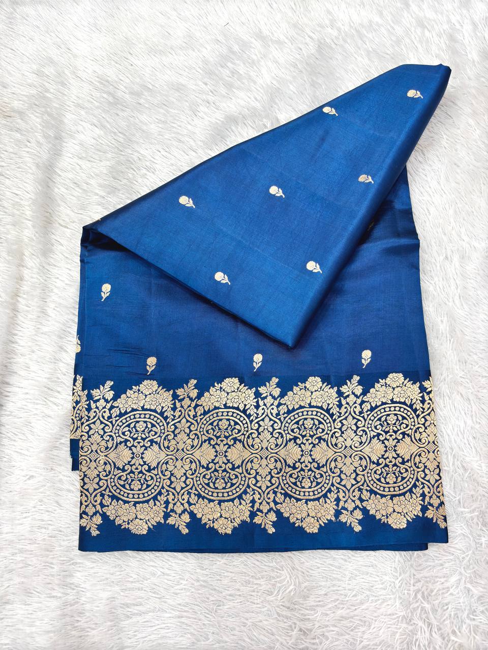 Royal Ink Blue Lightweight Katan Silk Saree | Antique Gold Kadhua Jasmine Micro Booti & Grand Baroque Floral Border
