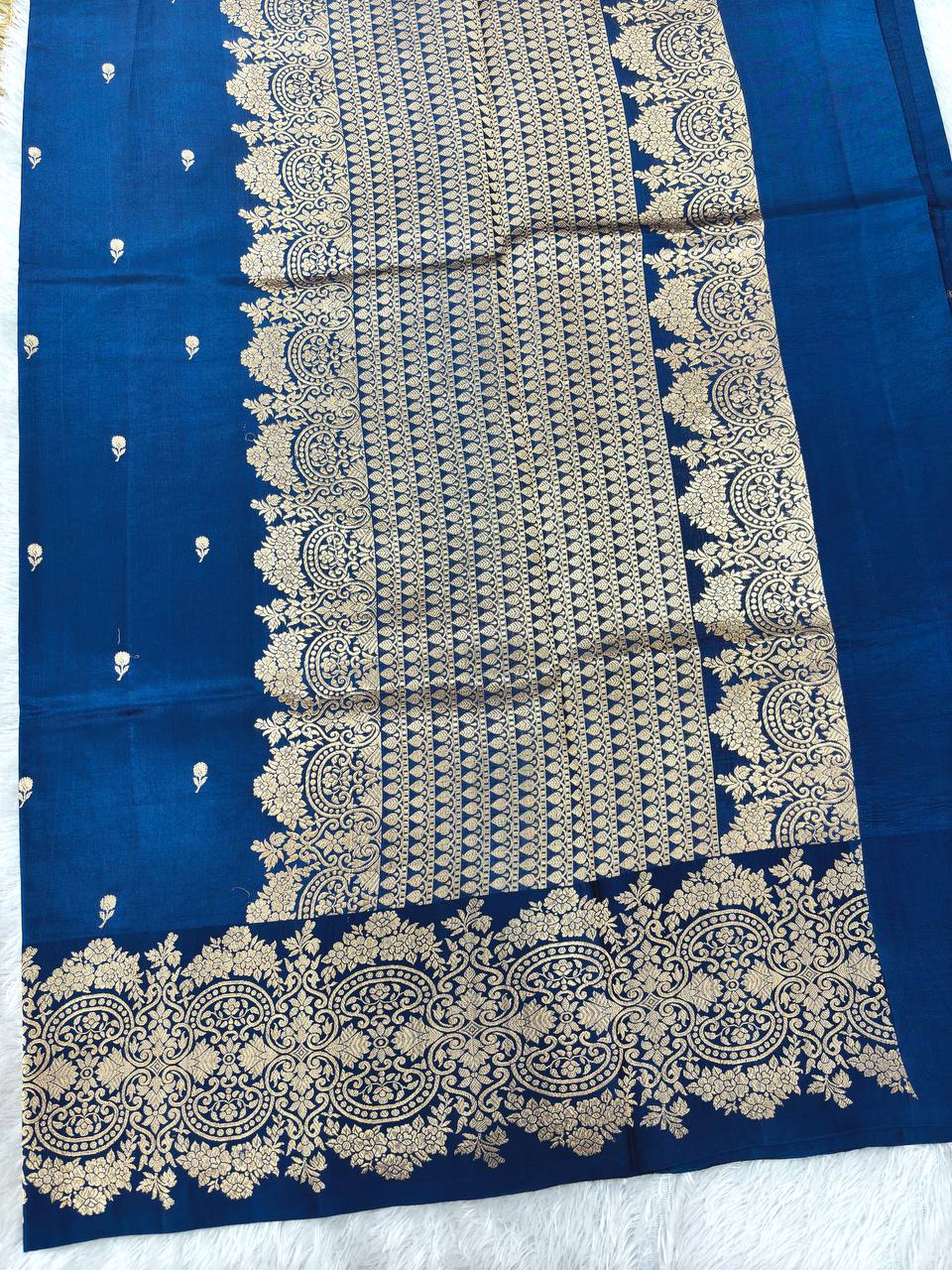 Royal Ink Blue Lightweight Katan Silk Saree | Antique Gold Kadhua Jasmine Micro Booti & Grand Baroque Floral Border