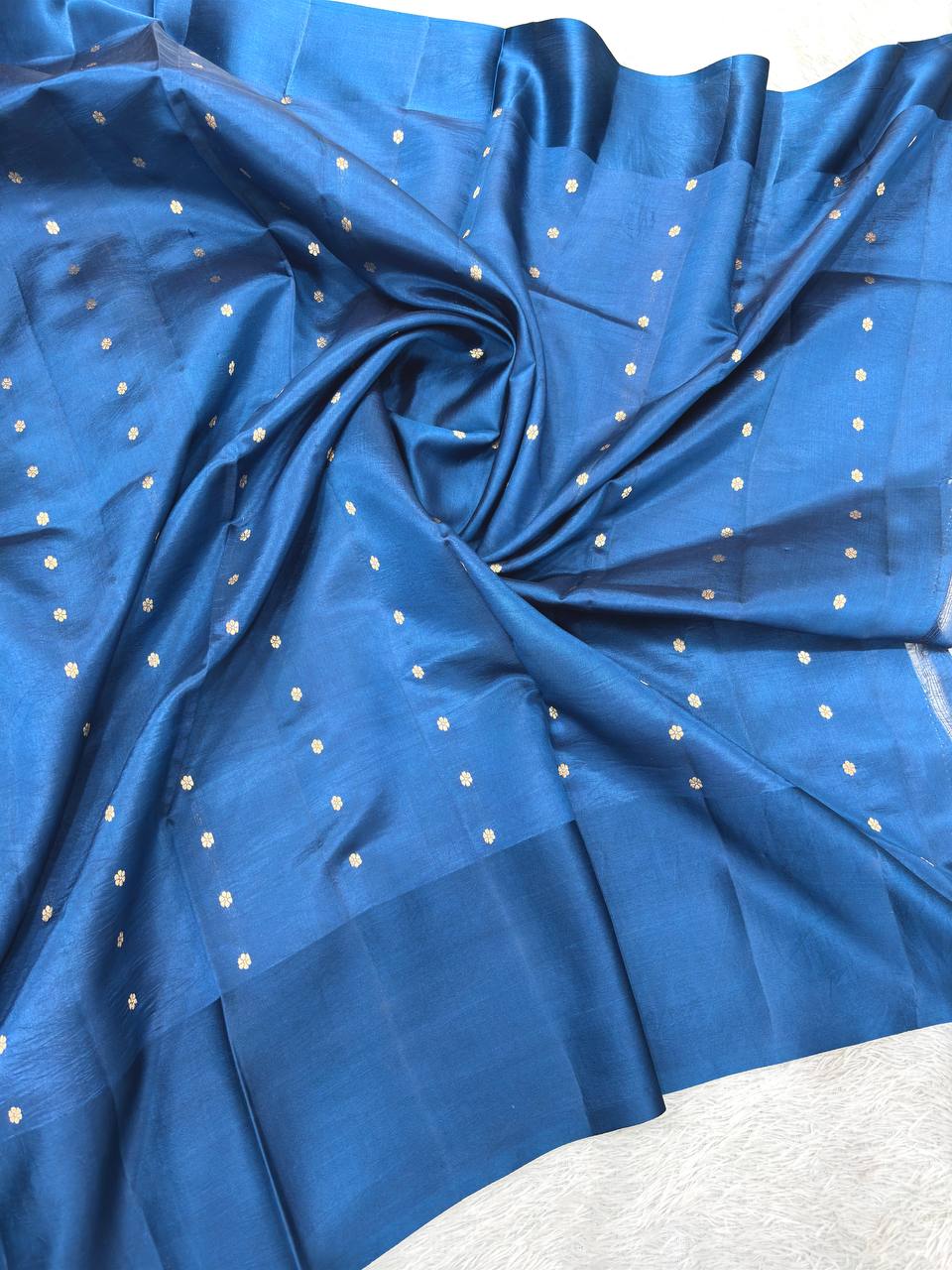 Royal Ink Blue Lightweight Katan Silk Saree | Antique Gold Kadhua Jasmine Micro Booti & Grand Baroque Floral Border