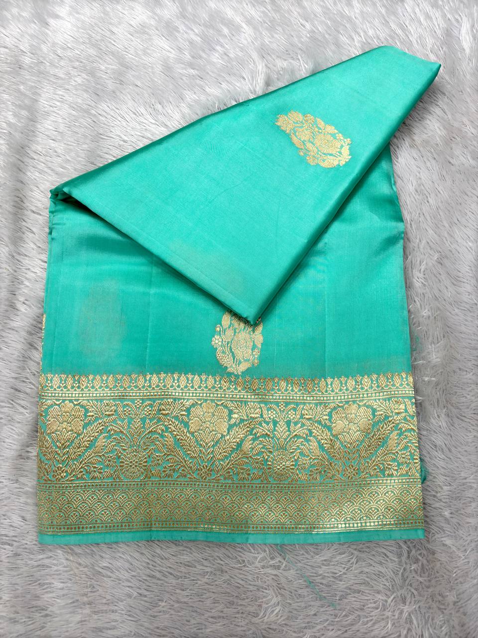 Vibrant Seafoam Aquamarine Lightweight Katan Silk Saree | Antique Gold Kadhua Persian Medallion Boota & Ornate Floral Border
