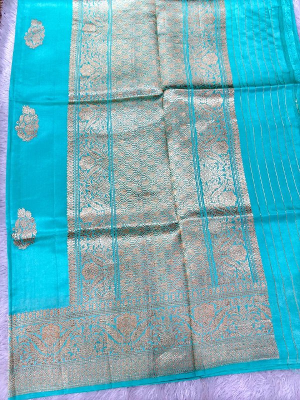 Vibrant Seafoam Aquamarine Lightweight Katan Silk Saree | Antique Gold Kadhua Persian Medallion Boota & Ornate Floral Border