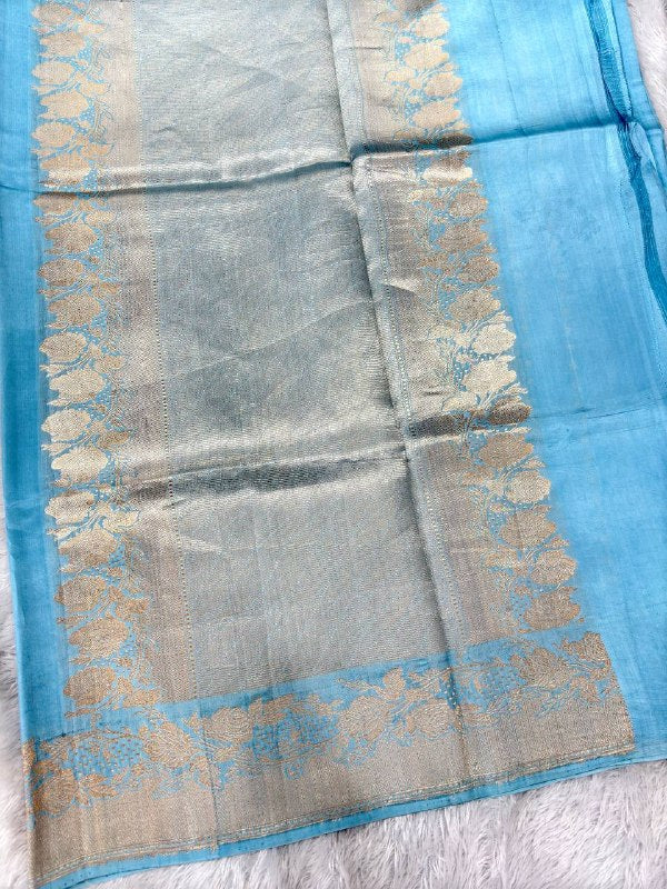 Serene Ice Blue Lightweight Katan Silk Saree | Antique Gold Kadhua Floral Sprig Booti & Heritage Chevron Rose Border