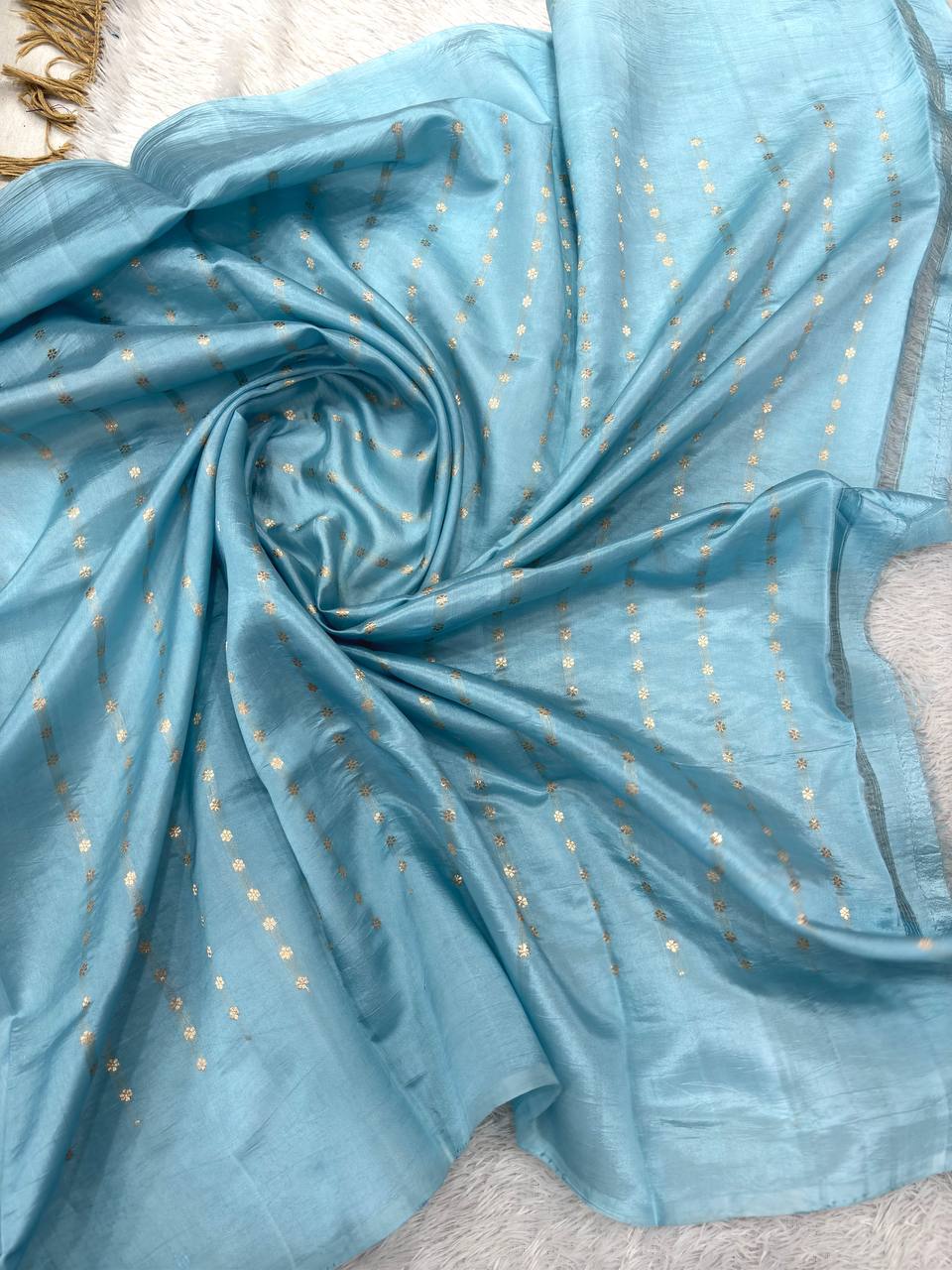 Serene Ice Blue Lightweight Katan Silk Saree | Antique Gold Kadhua Floral Sprig Booti & Heritage Chevron Rose Border